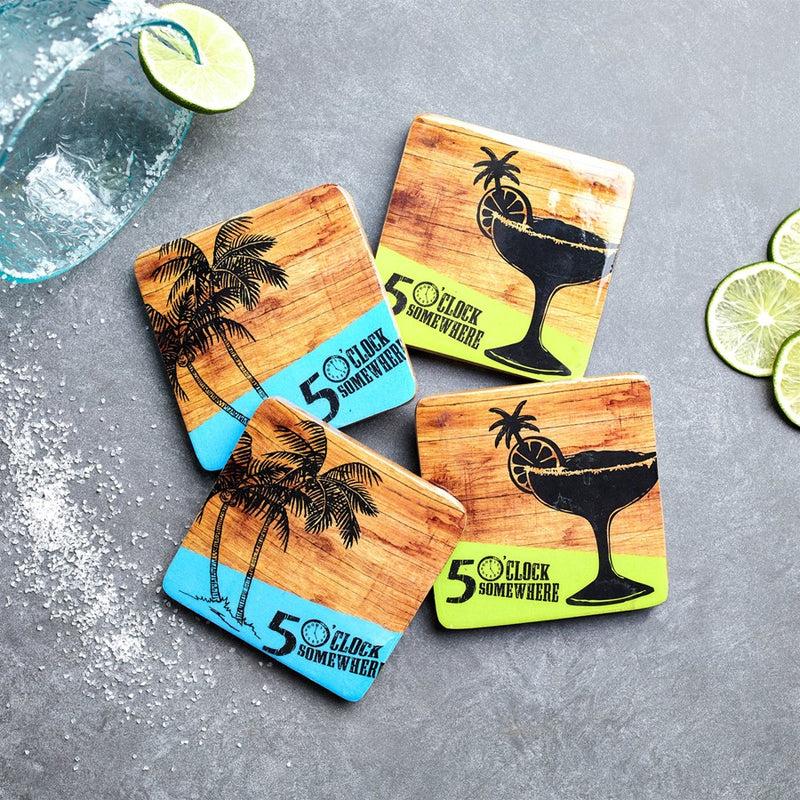 Melrose Margaritaville Coaster (Set of 4) 4" Square Wood/Enamel, Brown/Blue