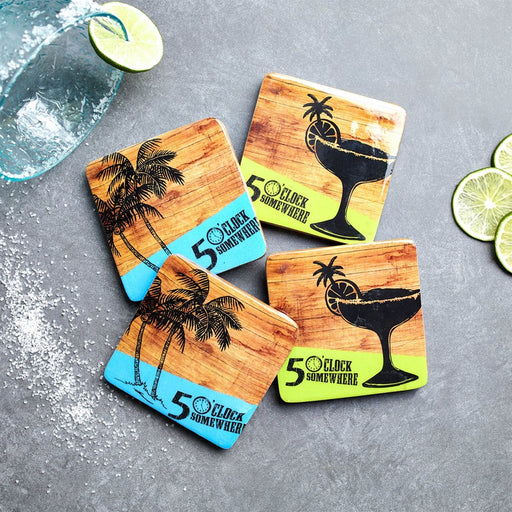 Melrose Margaritaville Coaster (Set of 4) 4" Square Wood/Enamel, Brown/Blue