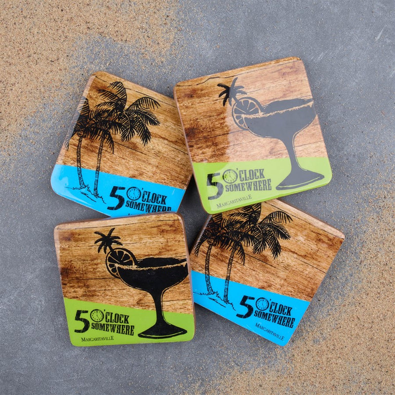 Melrose Margaritaville Coaster (Set of 4) 4" Square Wood/Enamel, Brown/Blue