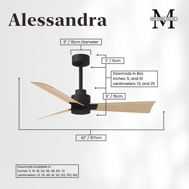 Matthews Fan Alessandra 42in 3-Blade Ceiling Fan | Transitional Matte Black and Light Maple ABS | Outdoor Patio & Covered Porch | Model AK-BK-LM-42