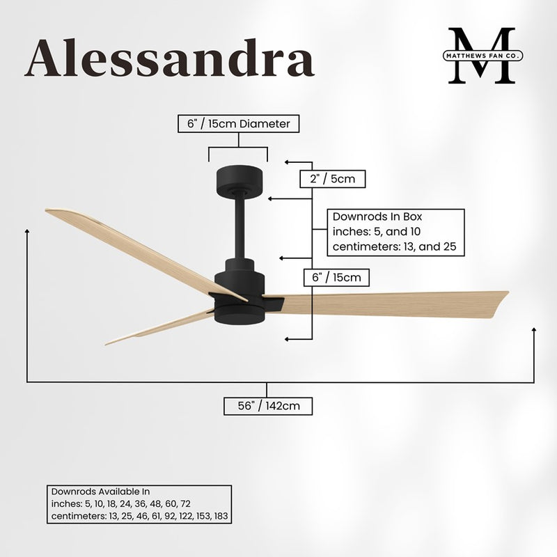 Matthews Fan Alessandra 56in 3-Blade Ceiling Fan | Transitional Matte Black and Light Maple ABS | Outdoor Patio & Covered Porch | Model AK-BK-LM-56