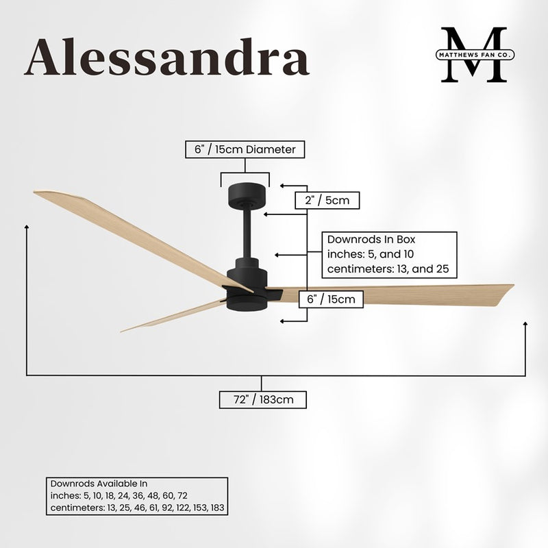 Matthews Fan Alessandra 72in 3-Blade Ceiling Fan | Transitional Matte Black and Light Maple ABS | Outdoor Patio & Covered Porch | Model AK-BK-LM-72