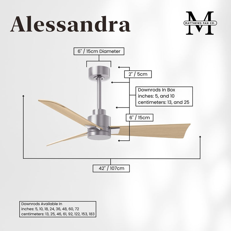 Matthews Fan Alessandra 42in 3-Blade Ceiling Fan | Transitional Brushed Nickel and Light Maple ABS | Bedroom & Covered Patio | Model AK-BN-LM-42