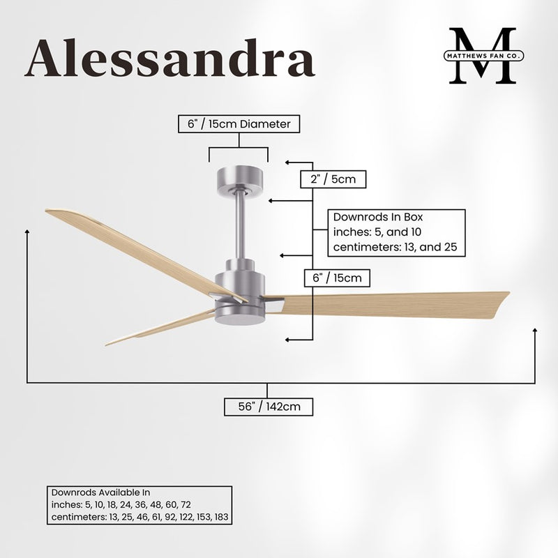 Matthews Fan Alessandra 56in 3-Blade Ceiling Fan | Transitional Brushed Nickel and Light Maple ABS | Living Room & Covered Patio | Model AK-BN-LM-56