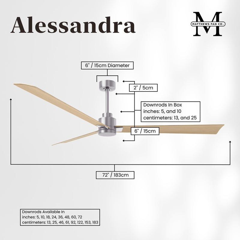Matthews Fans Alessandra 72in 3-Blade Ceiling Fan | Transitional Brushed Nickel and Light Maple ABS | Great Rooms & Open Living | Model AK-BN-LM-72