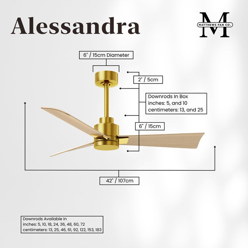 Matthews Fans Alessandra 42in 3-Blade Ceiling Fan | Transitional Brushed Brass and Light Maple ABS | Bedroom & Living Room | Model AK-BRBR-LM-42