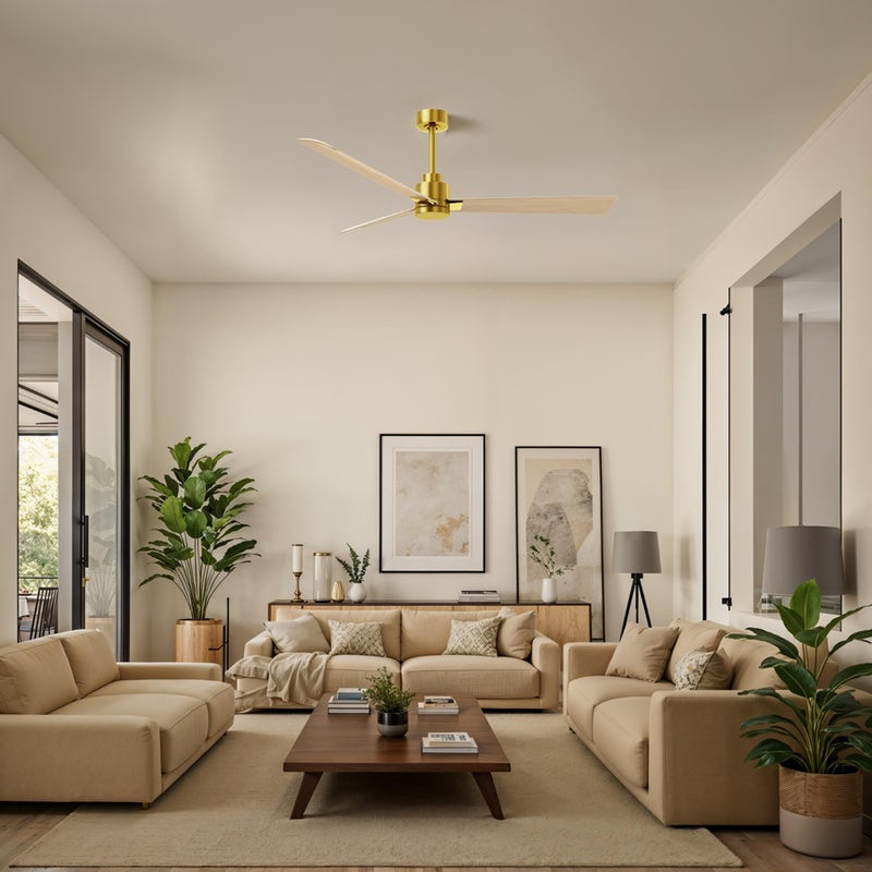 Matthews Fan Alessandra 56in 3-Blade Ceiling Fan | Brushed Brass and Light Maple ABS | Great Rooms & Covered Patios | Model AK-BRBR-LM-56