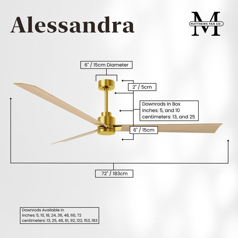 Matthews Fan Alessandra 72in 3-Blade Ceiling Fan | Brushed Brass and Light Maple ABS | Great Rooms & Covered Patios | Model AK-BRBR-LM-72