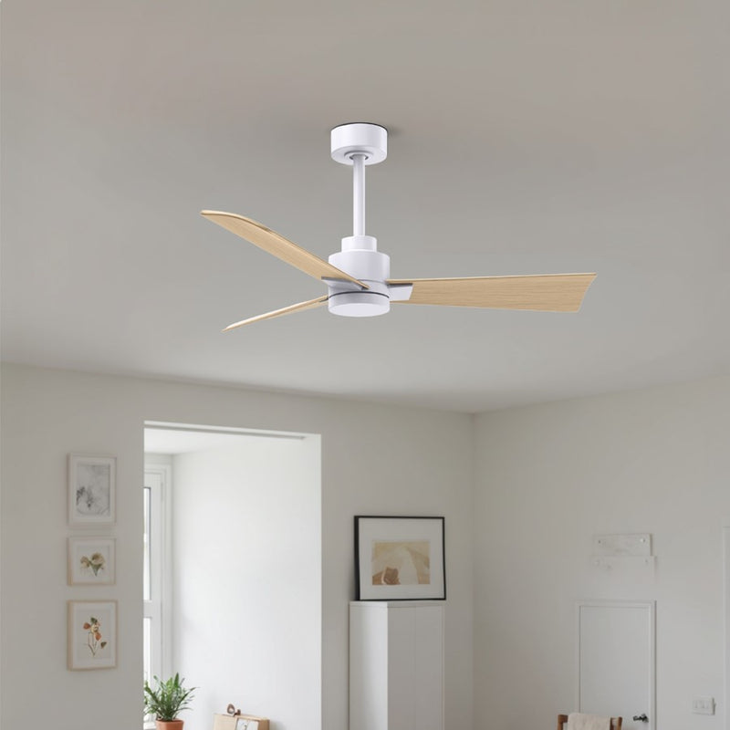 Matthews Fans Alessandra 42in 3-Blade Ceiling Fan | Transitional Matte White and Light Maple ABS Blades | Covered Patio & Open | Model AK-MWH-LM-42