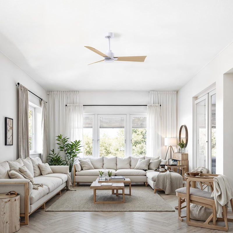 Matthews Fans Alessandra 42in 3-Blade Ceiling Fan | Transitional Matte White and Light Maple ABS Blades | Covered Patio & Open | Model AK-MWH-LM-42