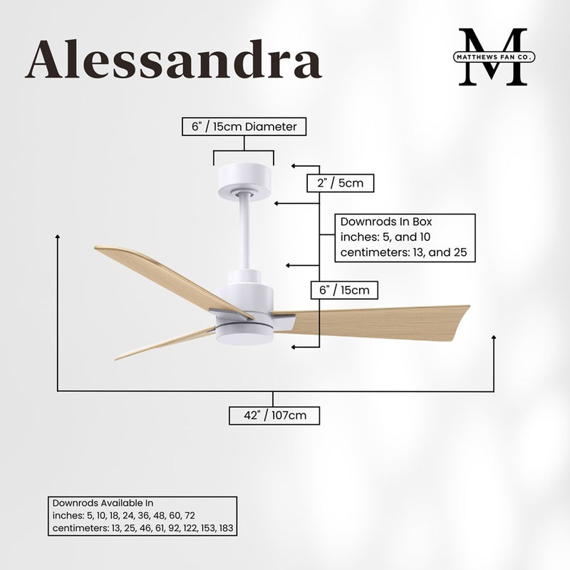 Matthews Fans Alessandra 42in 3-Blade Ceiling Fan | Transitional Matte White and Light Maple ABS Blades | Covered Patio & Open | Model AK-MWH-LM-42