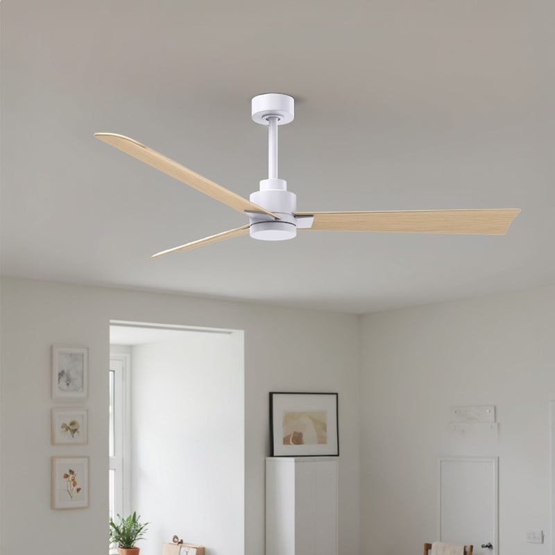 Matthews Fans Alessandra 56in 3-Blade Ceiling Fan | Transitional Matte White and Light Maple ABS Blades | Covered Patio & Open | Model AK-MWH-LM-56
