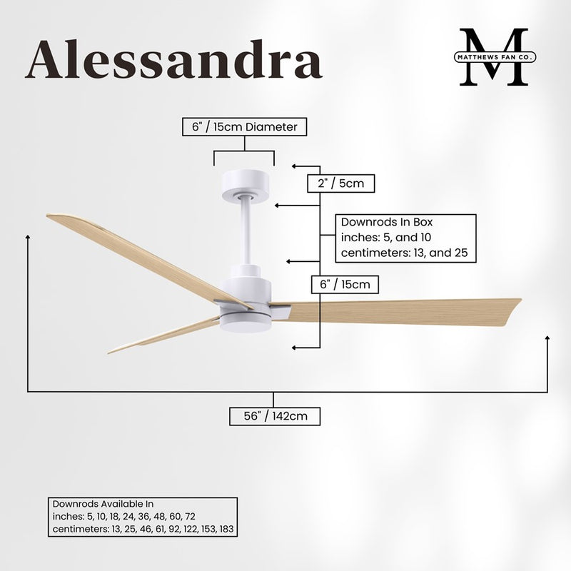 Matthews Fans Alessandra 56in 3-Blade Ceiling Fan | Transitional Matte White and Light Maple ABS Blades | Covered Patio & Open | Model AK-MWH-LM-56