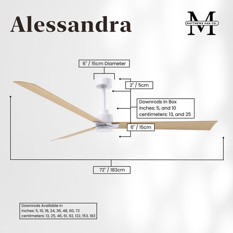 Matthews Fans Alessandra 72in 3-Blade Ceiling Fan | Transitional Matte White and Light Maple ABS Blades | Covered Patio & Open | Model AK-MWH-LM-72