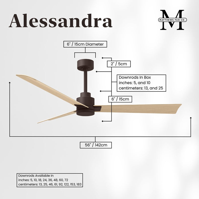 Matthews Fans Alessandra 56in 3-Blade Ceiling Fan | Transitional Textured Bronze and Light Maple ABS | Living Room & Covered | Model AK-TB-LM-56