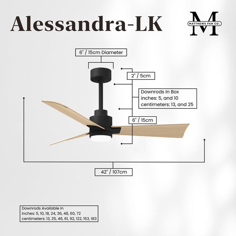 Matthews Fans Alessandra 42in 3-Blade Ceiling Fan | Transitional Matte Black and Light Maple ABS | Great Rooms & Covered Patios | Model AKLK-BK-LM-42