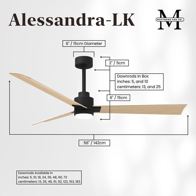 Matthews Fans Alessandra 56in 3-Blade Ceiling Fan | Transitional Matte Black and Light Maple ABS | Great Rooms & Covered Patios | Model AKLK-BK-LM-56