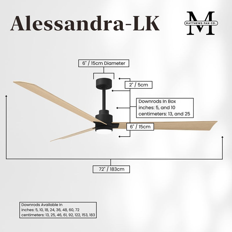 Matthews Fans Alessandra 72in 3-Blade Ceiling Fan | Transitional Matte Black and Light Maple ABS | Great Rooms & Covered Patios | Model AKLK-BK-LM-72