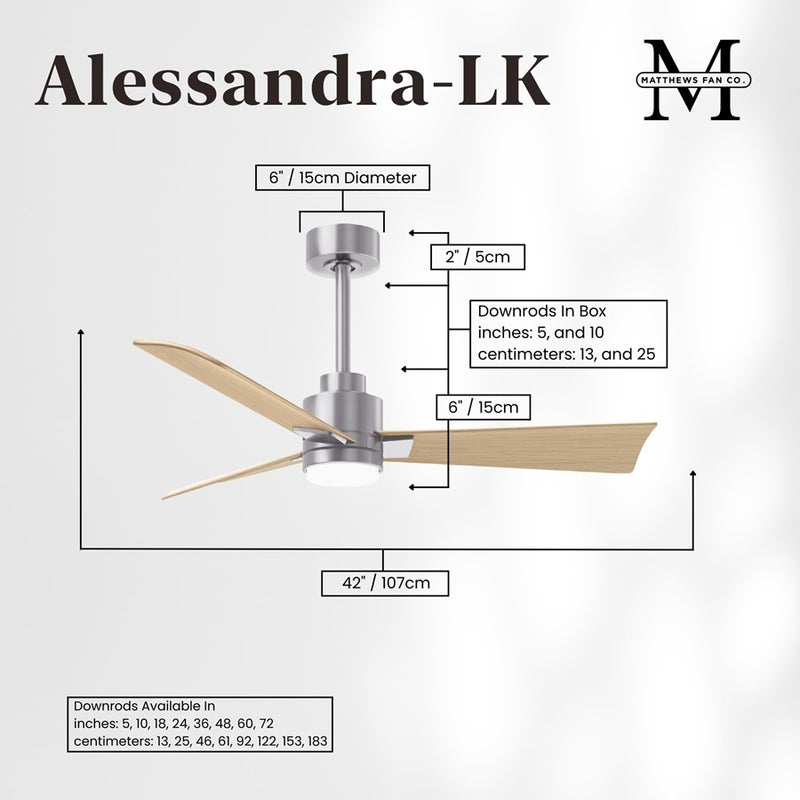 Matthews Fans Alessandra 42in 3-Blade Ceiling Fan | Transitional Brushed Nickel and Light Maple ABS | Bedrooms & Covered Patios | Model AKLK-BN-LM-42