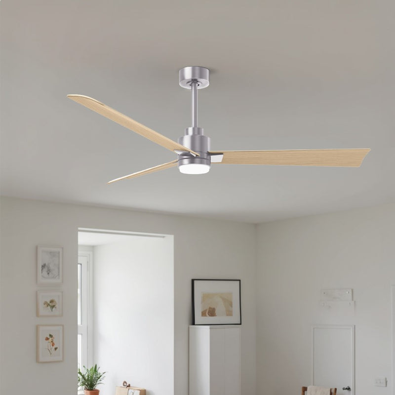 Matthews Fans Alessandra 56in 3-Blade Ceiling Fan | Transitional Brushed Nickel and Light Maple ABS | Living Rooms & Covered | Model AKLK-BN-LM-56