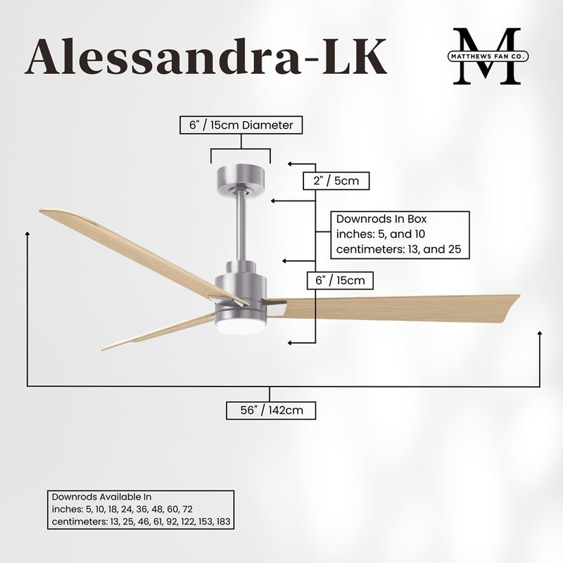 Matthews Fans Alessandra 56in 3-Blade Ceiling Fan | Transitional Brushed Nickel and Light Maple ABS | Living Rooms & Covered | Model AKLK-BN-LM-56
