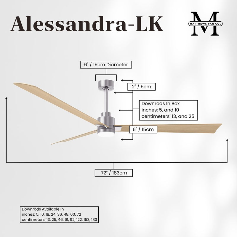 Matthews Fans Alessandra 72in 3-Blade Ceiling Fan | Transitional Brushed Nickel and Light Maple ABS | Great Rooms & Covered | Model AKLK-BN-LM-72