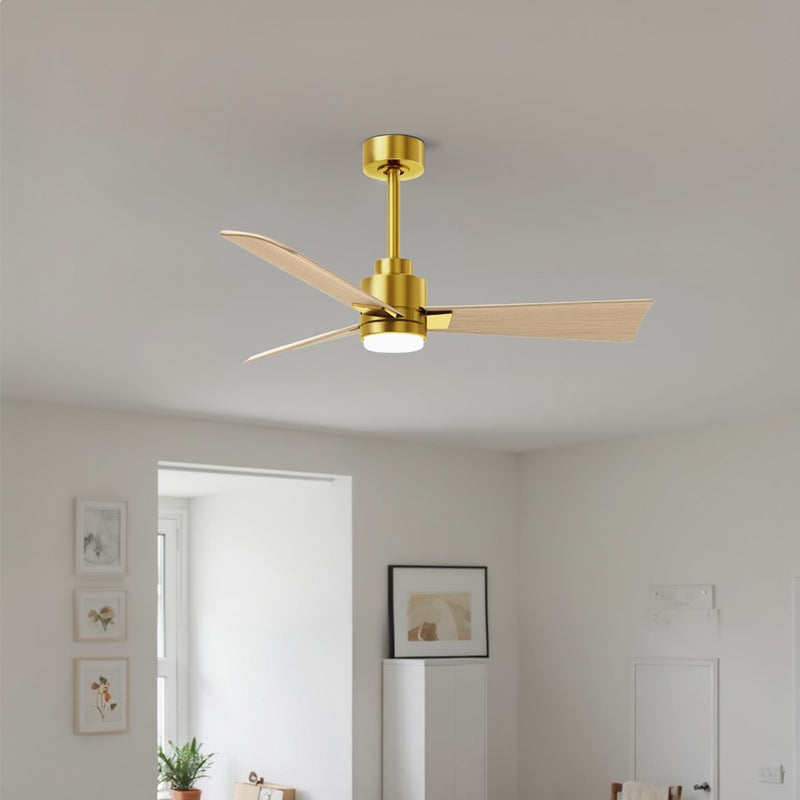 Matthews Fans Alessandra 42in 3-Blade Ceiling Fan | Transitional Brushed Brass and Light Maple ABS | Bedroom & Covered Patio | Model AKLK-BRBR-LM-42
