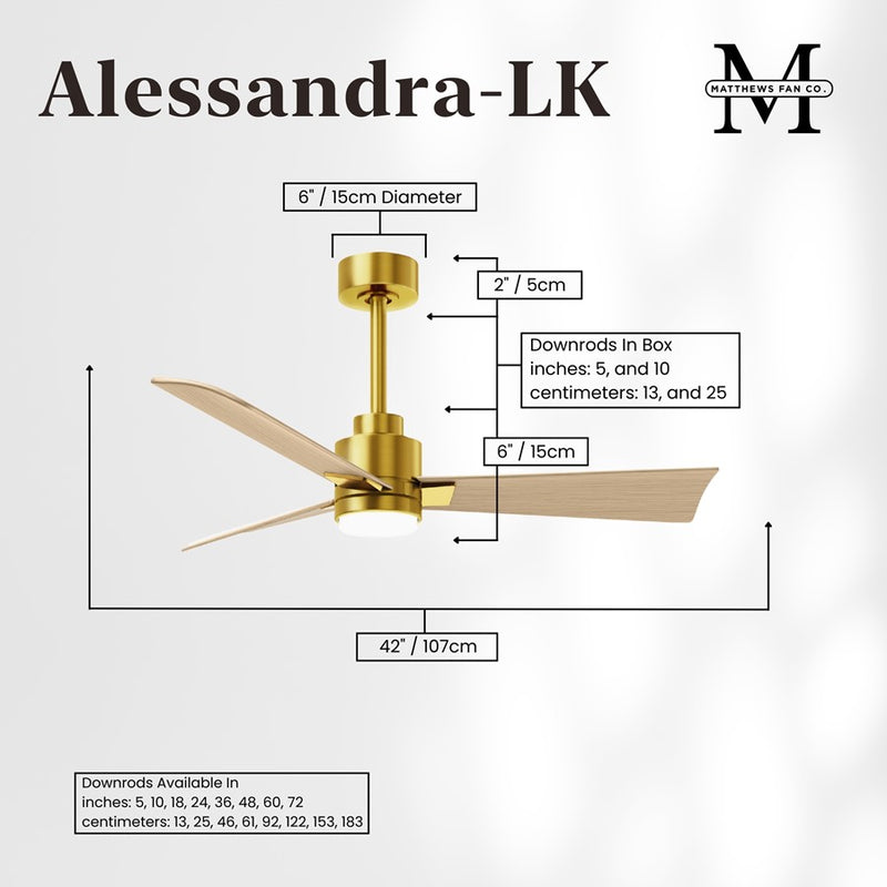 Matthews Fans Alessandra 42in 3-Blade Ceiling Fan | Transitional Brushed Brass and Light Maple ABS | Bedroom & Covered Patio | Model AKLK-BRBR-LM-42