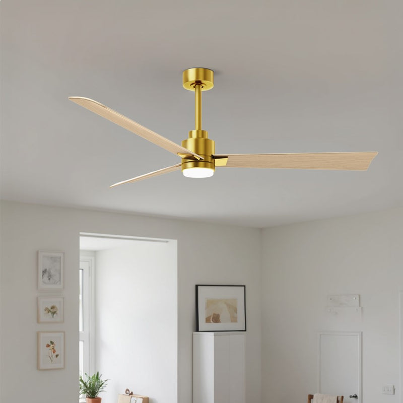 Matthews Fans Alessandra 56in 3-Blade Ceiling Fan | Transitional Brushed Brass and Light Maple ABS | Living Room & Covered | Model AKLK-BRBR-LM-56