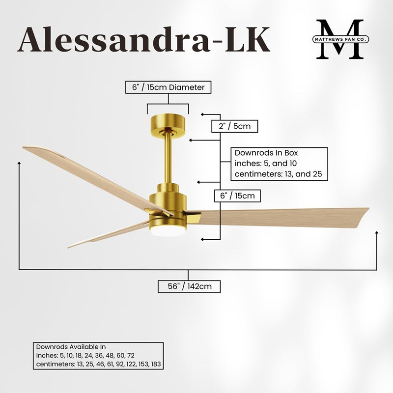 Matthews Fans Alessandra 56in 3-Blade Ceiling Fan | Transitional Brushed Brass and Light Maple ABS | Living Room & Covered | Model AKLK-BRBR-LM-56