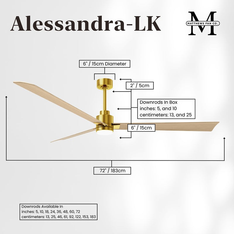 Matthews Fans Alessandra 72in 3-Blade Ceiling Fan | Brushed Brass and Light Maple ABS | Great Rooms & Open Living | Model AKLK-BRBR-LM-72