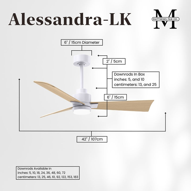 Matthews Fans Alessandra 42in 3-Blade Ceiling Fan with Light | Transitional Matte White and Light Maple ABS | Bedroom & Living | Model AKLK-MWH-LM-42