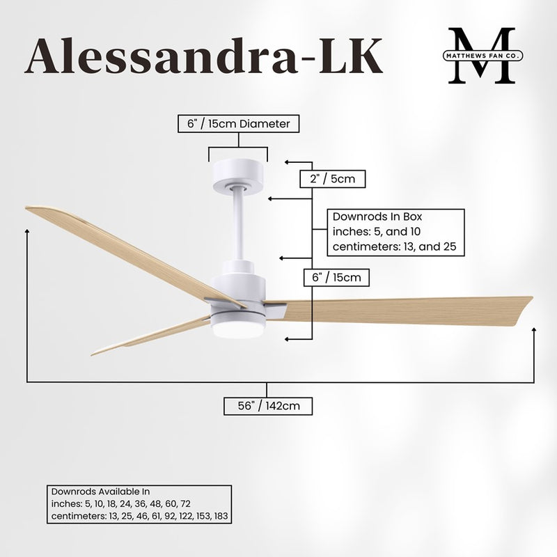 Matthews Fan Alessandra 56in 1-Light 3-Blade Ceiling Fan | Transitional Matte White and Light Maple Tone ABS | Outdoor Wet | Model AKLK-MWH-LM-56