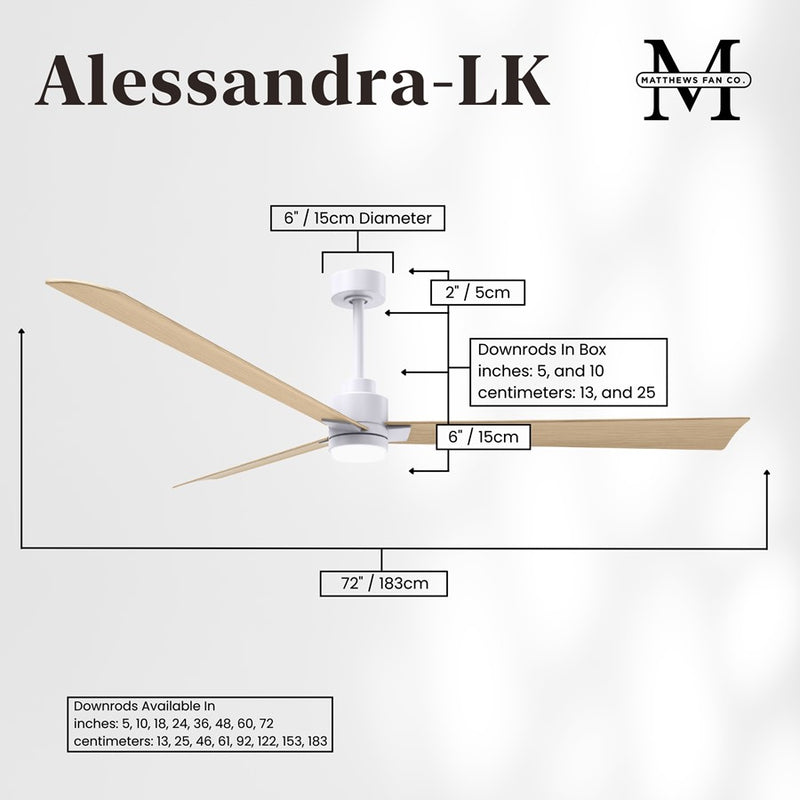 Matthews Fan Alessandra 72in 1-Light 3-Blade Ceiling Fan | Transitional Matte White and Light Maple Tone ABS | Outdoor Wet | Model AKLK-MWH-LM-72