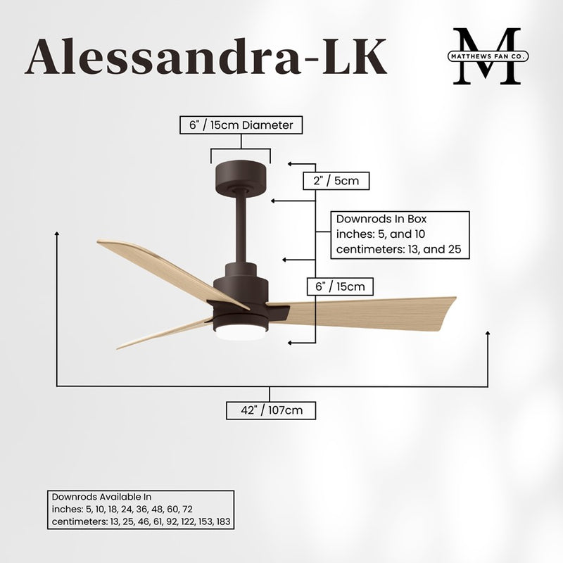 Matthews Fans Alessandra 42in 3-Blade Ceiling Fan | Transitional Textured Bronze and Light Maple ABS | Great Rooms & Open | Model AKLK-TB-LM-42