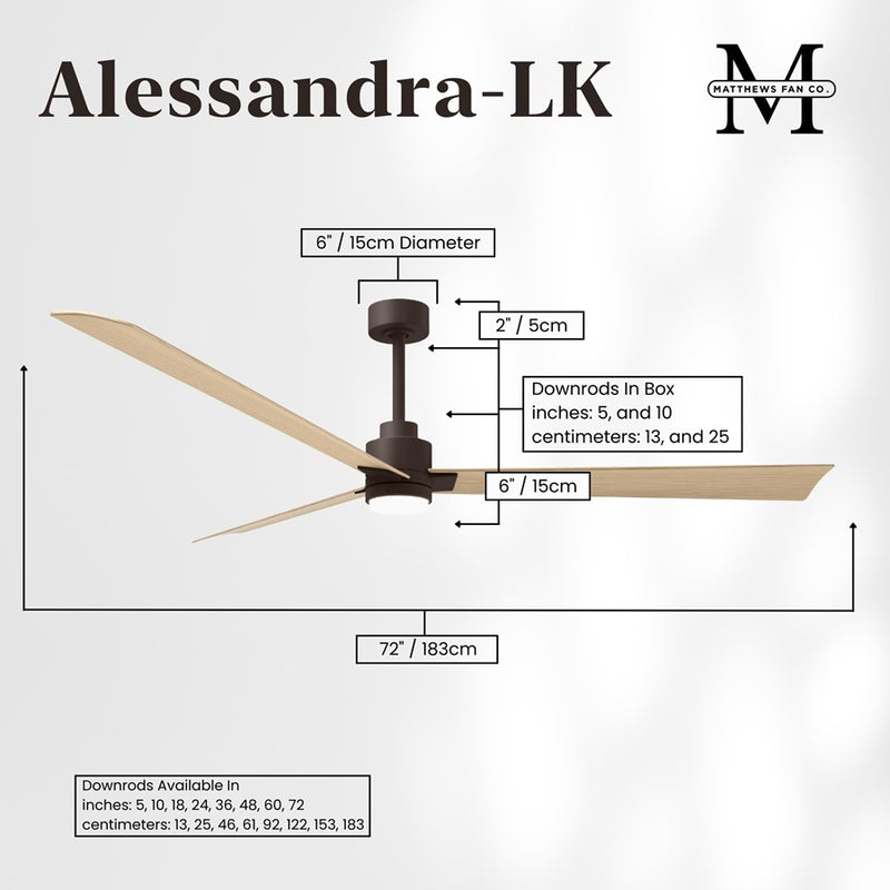 Matthews Fans Alessandra 72in 3-Blade Ceiling Fan | Transitional Textured Bronze and Light Maple ABS | Great Rooms & Open | Model AKLK-TB-LM-72