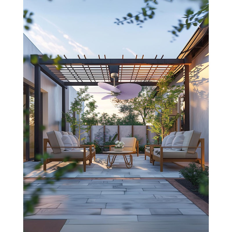 Matthews Fans Alessandra Tropical 48in 5-Blade Ceiling Fan | Transitional Brushed Nickel and Lilac ABS | Covered Patio & Large | Model AKTP-BN-LI