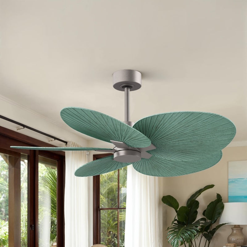 Matthews Fans Alessandra Tropical 48in 5-Blade Ceiling Fan | Transitional Brushed Nickel and Palm Leaf ABS | Covered Patio & Large | Model AKTP-BN-PL