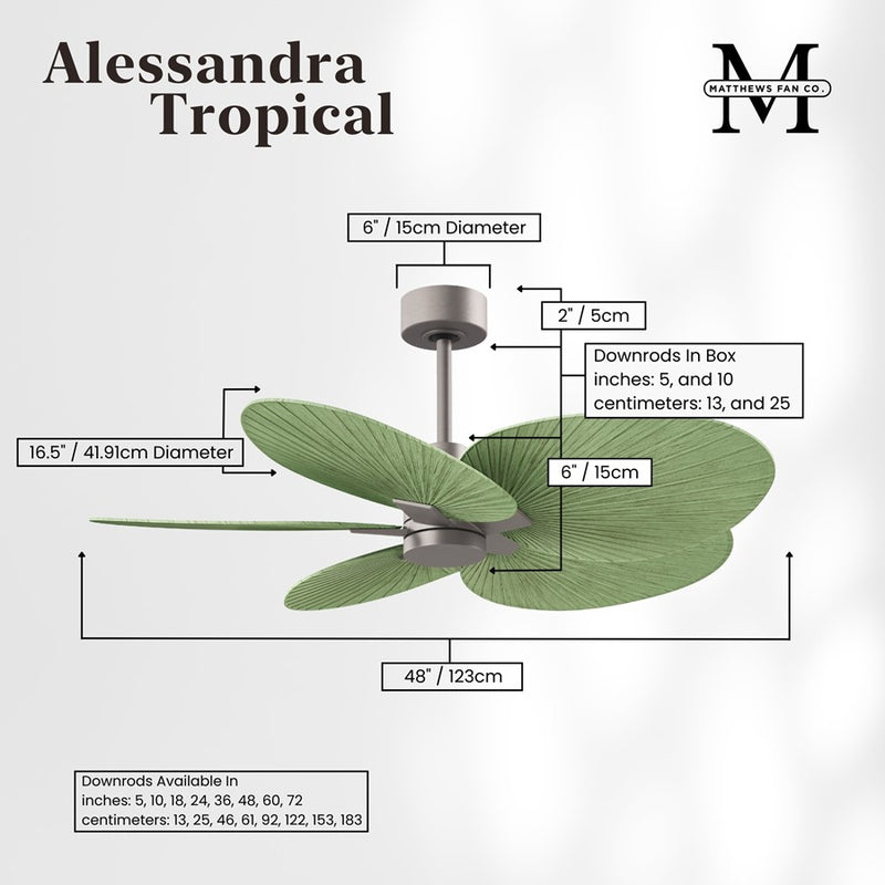 Matthews Fans Alessandra Tropical 48in 5-Blade Ceiling Fan | Transitional Brushed Nickel and Palm Leaf ABS | Covered Patio & Large | Model AKTP-BN-PL