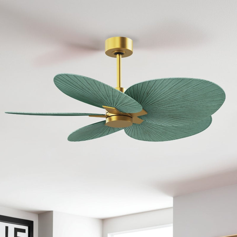 Matthews Fans Alessandra Tropical 48in 5-Blade Ceiling Fan | Transitional Brushed Brass and Palm Leaf ABS Blades | Covered Patio | Model AKTP-BRBR-PL