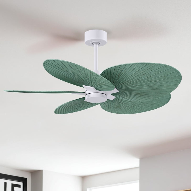 Matthews Fans Alessandra Tropical 48in 5-Blade Ceiling Fan | Transitional Matte White and Palm Leaf ABS Blades | Covered Patio | Model AKTP-MWH-PL
