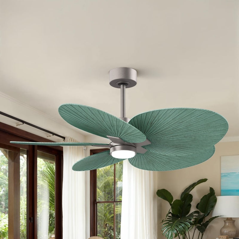 Matthews Fans Alessandra Tropical 48in 5-Blade Ceiling Fan | Transitional Brushed Nickel and Palm Leaf ABS | Covered Patio | Model AKTPLK-BN-PL
