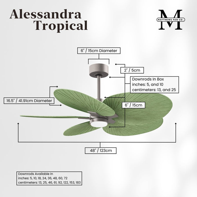 Matthews Fans Alessandra Tropical 48in 5-Blade Ceiling Fan | Transitional Brushed Nickel and Palm Leaf ABS | Covered Patio | Model AKTPLK-BN-PL