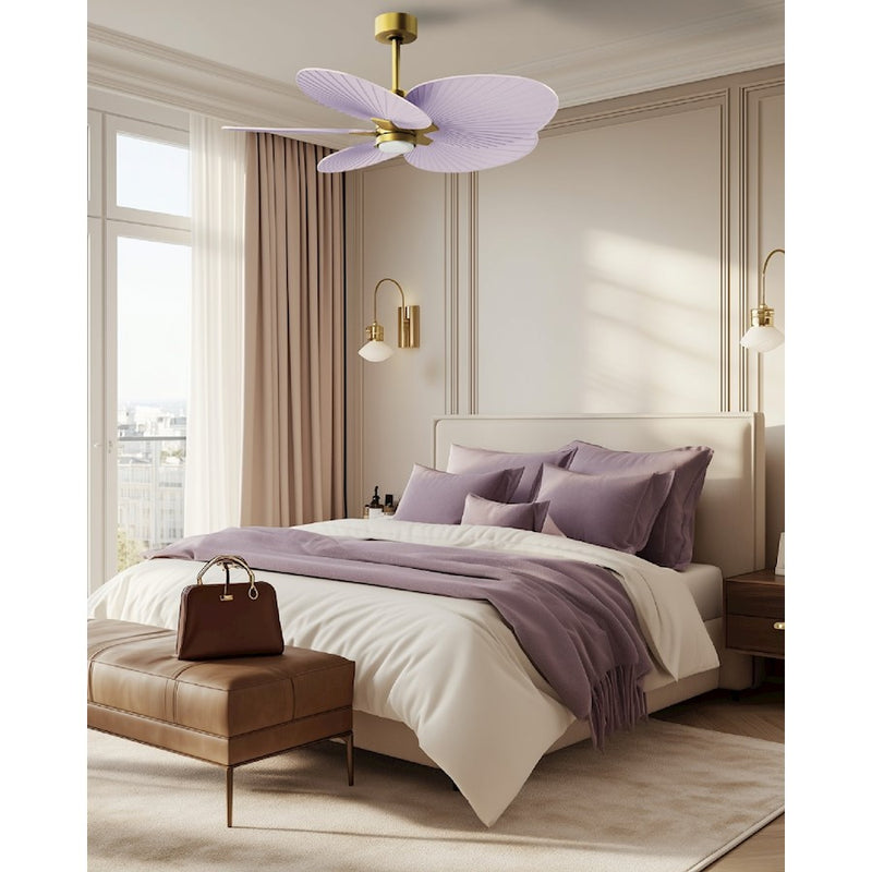 Matthews Fans Alessandra Tropical 48in 5-Blade Ceiling Fan | Transitional Brushed Brass and Lilac ABS Blades | Covered Patio | Model AKTPLK-BRBR-LI