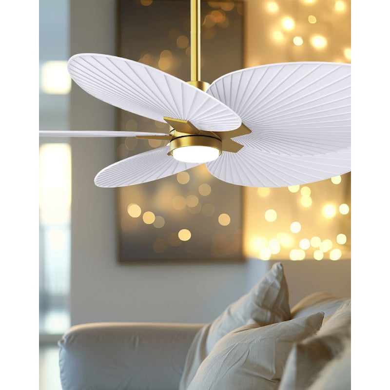 Matthews Fans Alessandra Tropical 48in 5-Blade Ceiling Fan | Brushed Brass and Matte White ABS Blades | Covered Patio | Model AKTPLK-BRBR-MWH