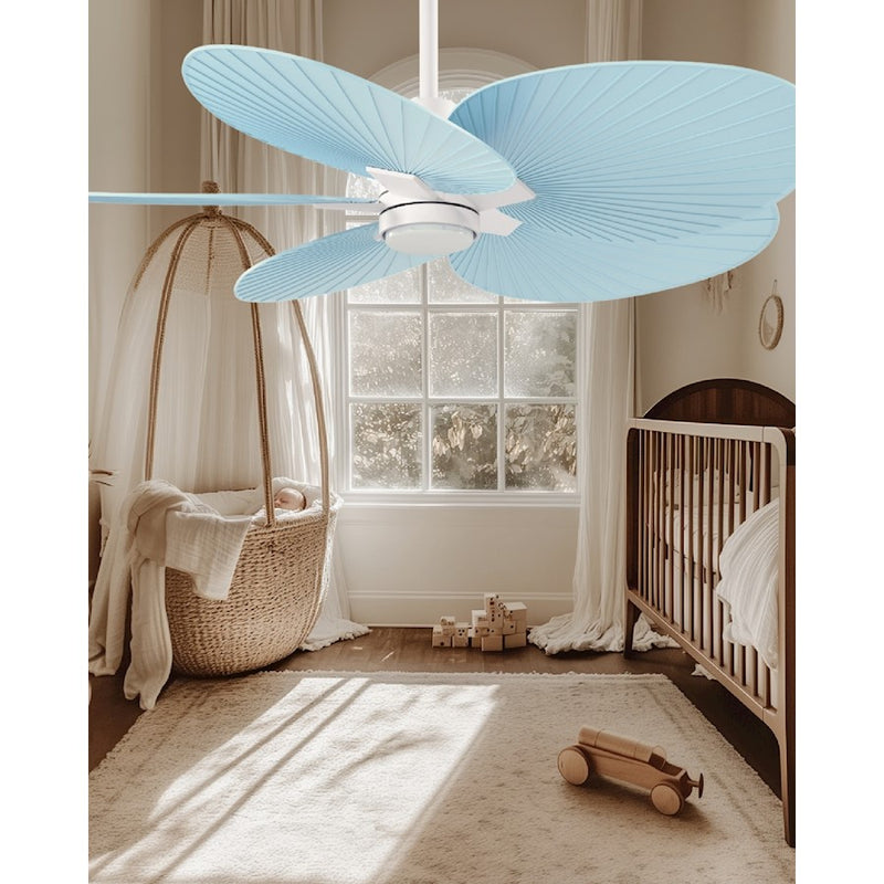 Matthews Fans Alessandra Tropical 48in 5-Blade Ceiling Fan | Transitional Matte White and Light Blue ABS Blades | Covered Patio | Model AKTPLK-MWH-BL