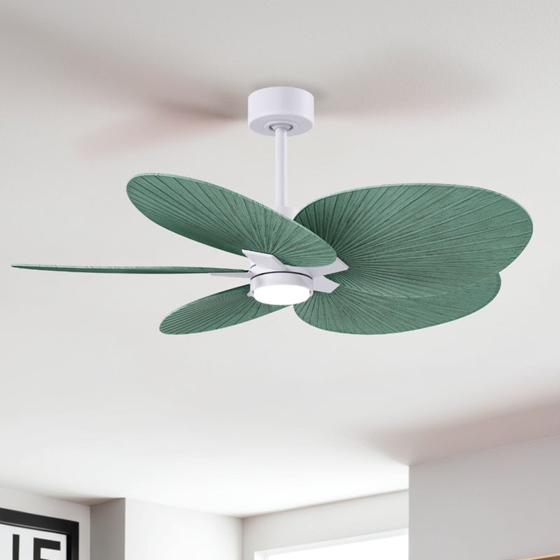 Matthews Fan Alessandra Tropical 48in 5-Blade Ceiling Fan | Transitional Matte White and Palm Leaf ABS Blades | Covered Patio | Model AKTPLK-MWH-PL