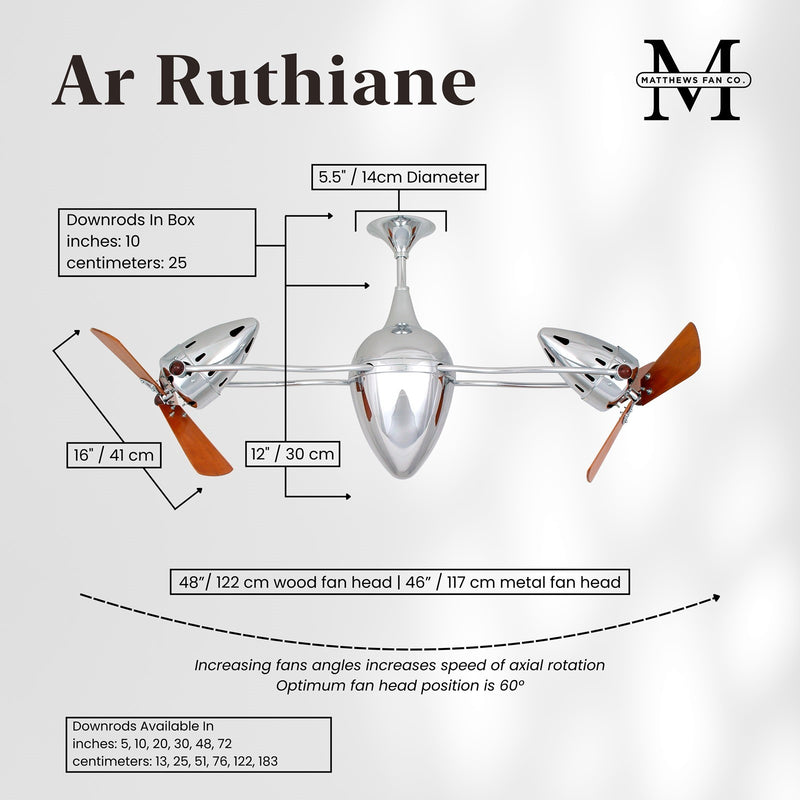 Matthews Fan Company Ar Ruthiane 48in Rotational Ceiling Fan | Chrome Steel and Mahogany Blades | Living Room & Bedroom | Model AR-CR-WD