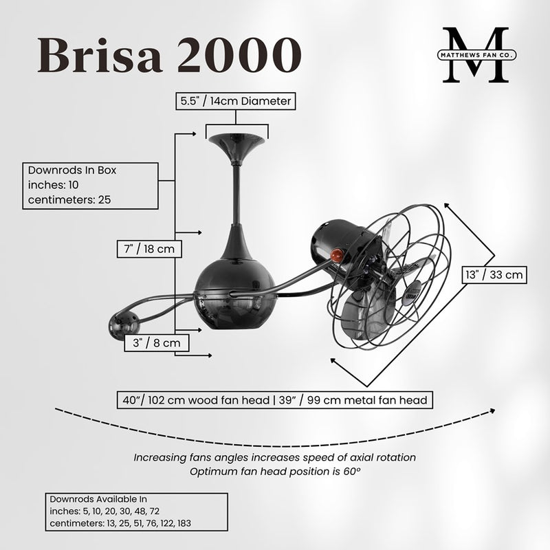 Matthews Fans Brisa 2000 39in 3-Blade Rotational Ceiling Fan | Contemporary Black Nickel and Metal | Covered Patio & Living Room | Model B2K-BKN-MTL