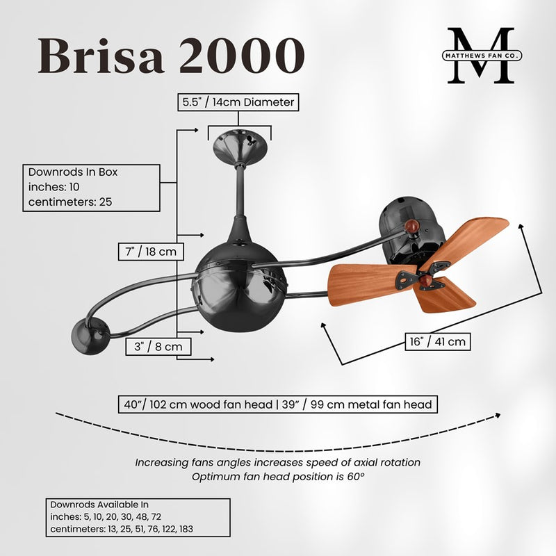 Matthews Fans Brisa 2000 40in 3-Blade Rotational Ceiling Fan | Contemporary Black Nickel and Mahogany Wood | Covered Patio | Model B2K-BKN-WD